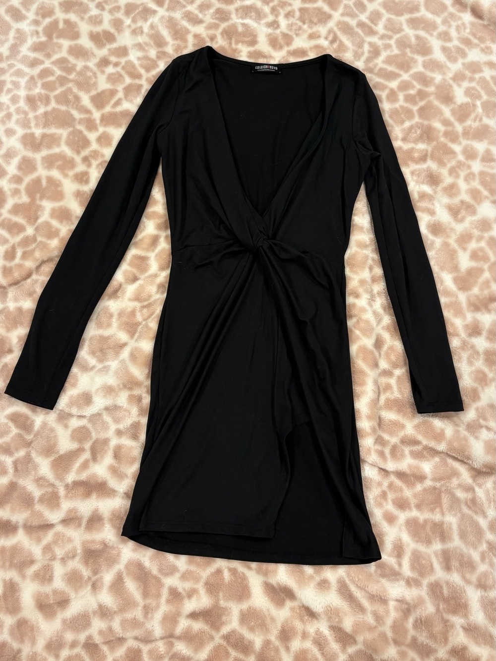 Black Twist-Front Long Sleeve Dress